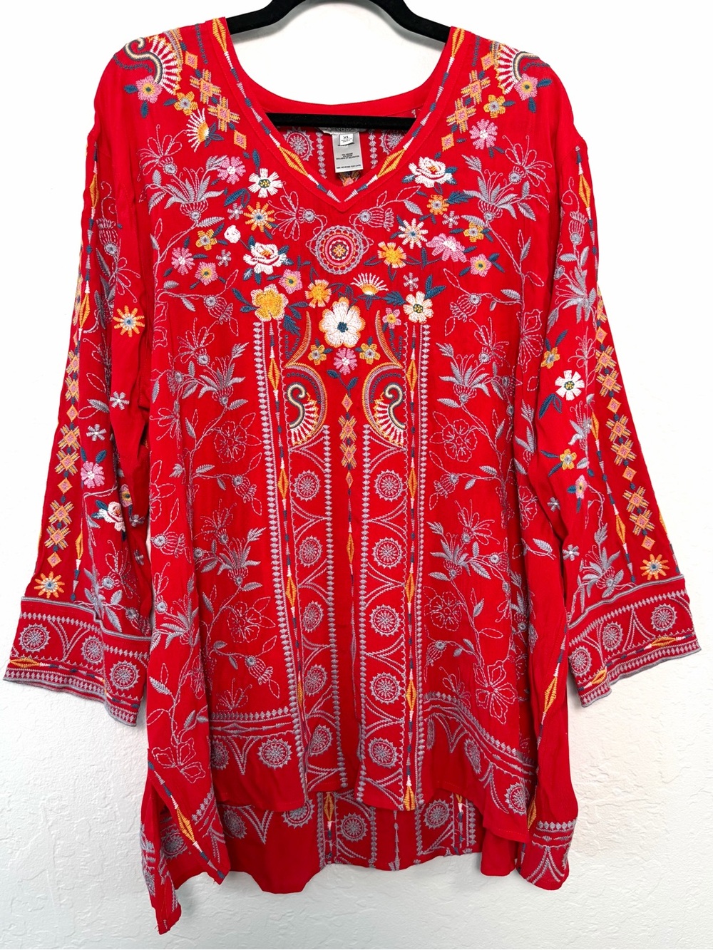 John Mark Red Embroidered XL Boho V-Neck Tunic Top Flowy Floral Artisan